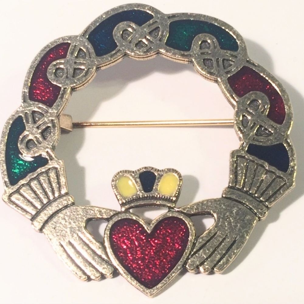 Vtg Soldor Enamel Pewter Claddaugh Heart Wreath Pin Brooch